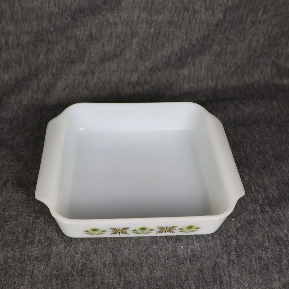 Vintage Fire-King White Glass Baking Dish 8x8 Green Floral Square USA Ovenware